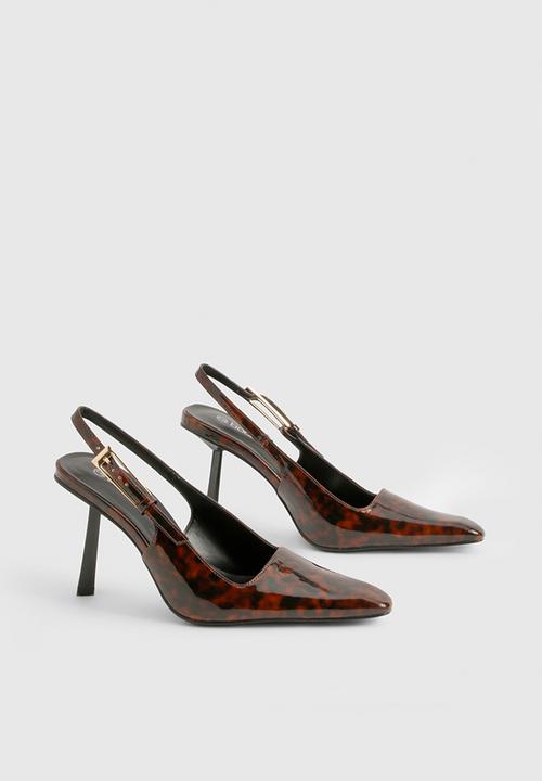 boohoo - Square stiletto buckle slingback court shoes - brown