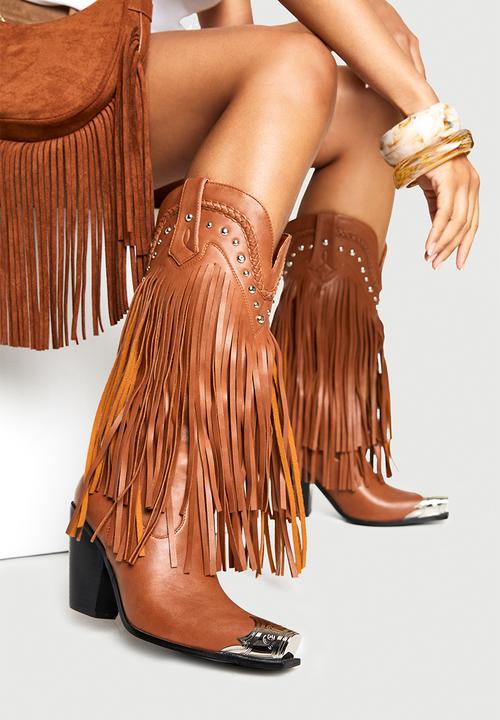 boohoo - Western stud fringe toe cap western boots - tan