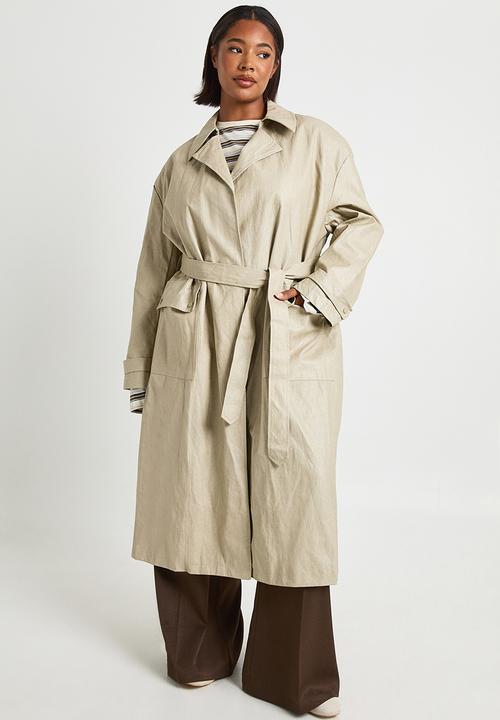 Plus vintage look faux leather trench coat - stone