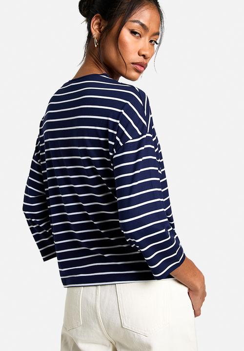 boohoo - Stripe 3/4 sleeve crew neck top - navy
