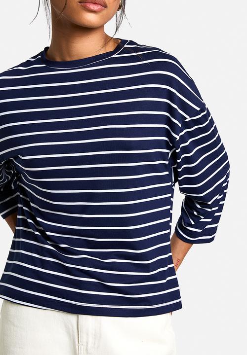 boohoo - Stripe 3/4 sleeve crew neck top - navy