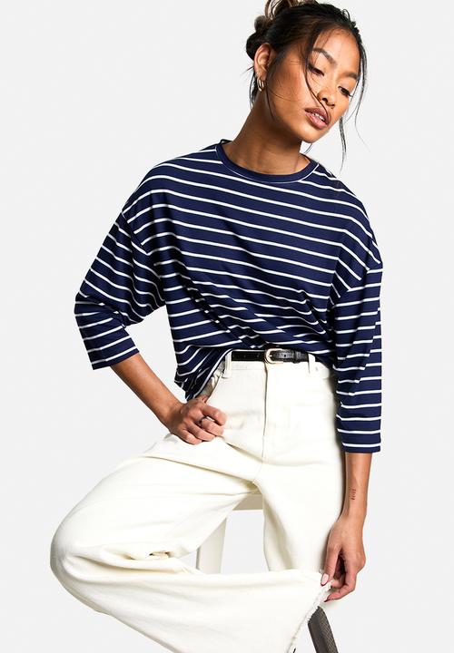 boohoo - Stripe 3/4 sleeve crew neck top - navy