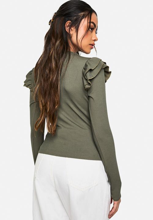 boohoo - Ribbed frill shoulder long sleeve top - khaki