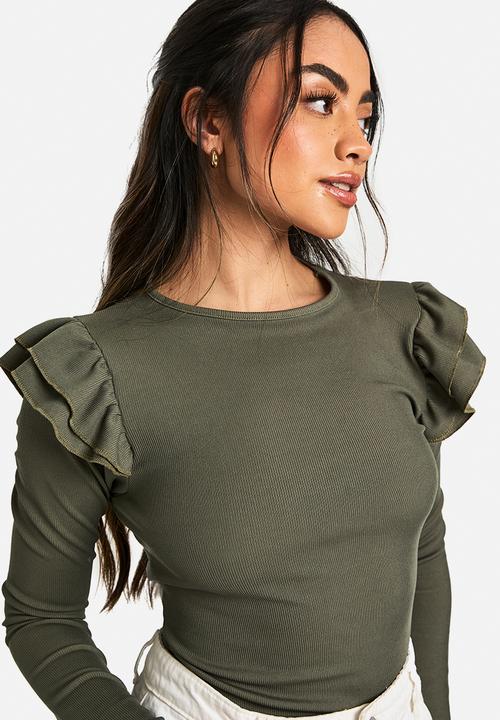 boohoo - Ribbed frill shoulder long sleeve top - khaki
