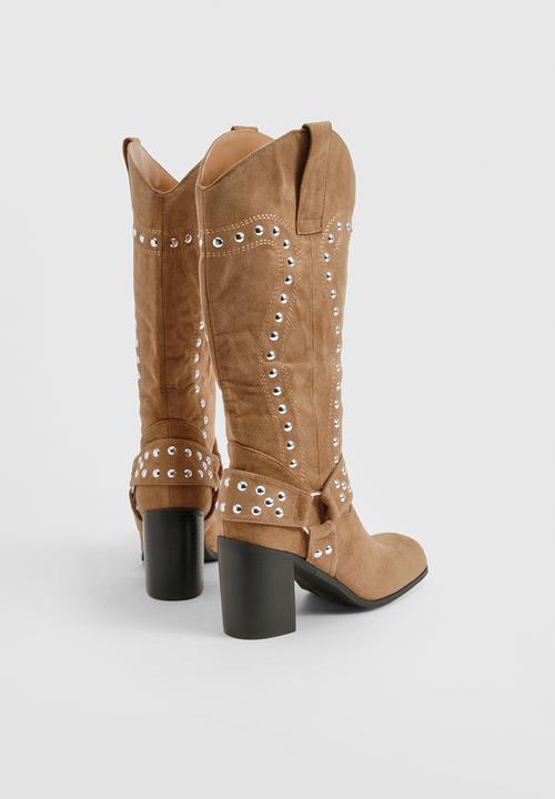 boohoo - Faux suede square toe stud western boots - tan
