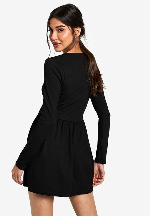 boohoo - Tie neck detail smock mini dress - black