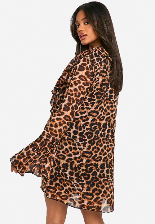 boohoo - Leopard ruffle shift dress - brown