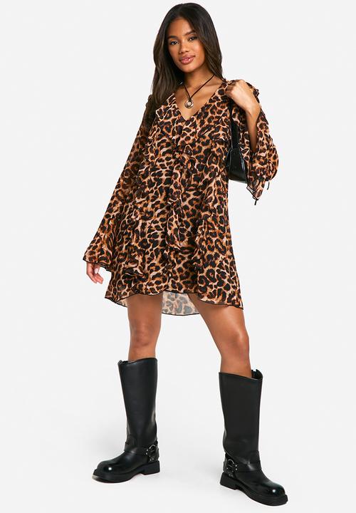 boohoo - Leopard ruffle shift dress - brown