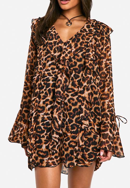 boohoo - Leopard ruffle shift dress - brown