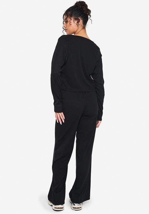 boohoo - Rib tie front long sleeve top and drawstring straght leg tr - black