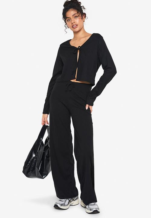 boohoo - Rib tie front long sleeve top and drawstring straght leg tr - black