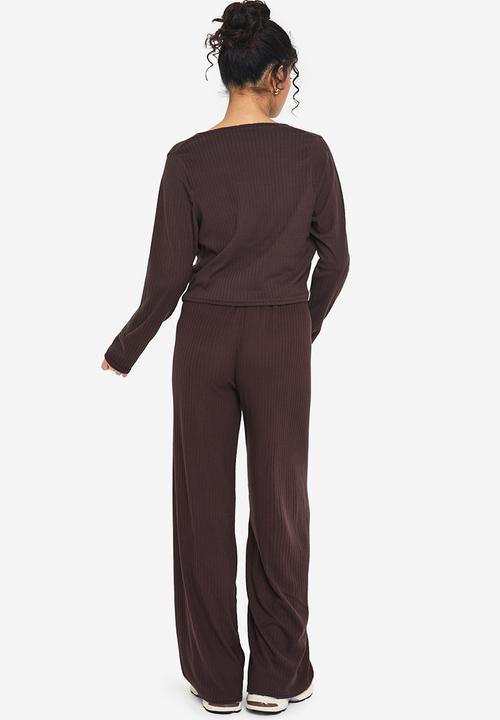 boohoo - Rib tie front long sleeve top and drawstring straight leg t - chocolate