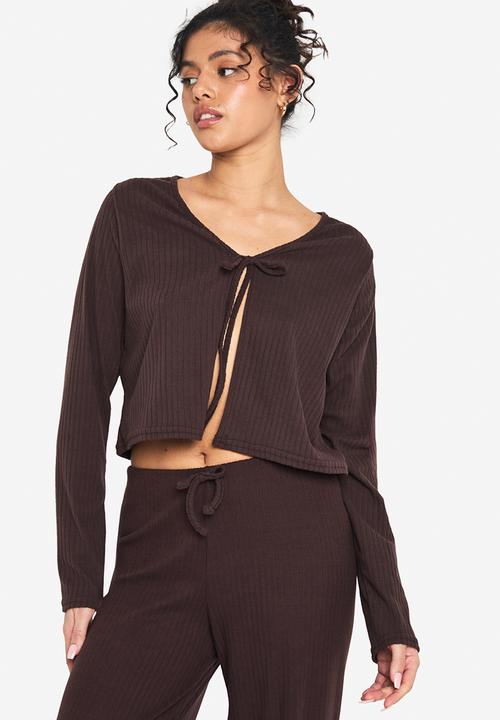 boohoo - Rib tie front long sleeve top and drawstring straight leg t - chocolate