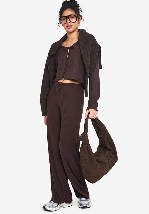 boohoo - Rib tie front long sleeve top and drawstring straight leg t - chocolate