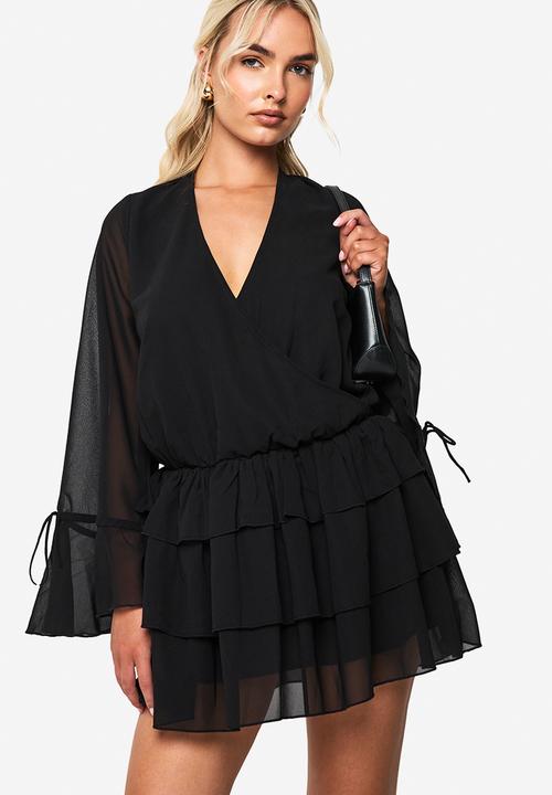 boohoo - Chiffon long sleeve mini dress - black