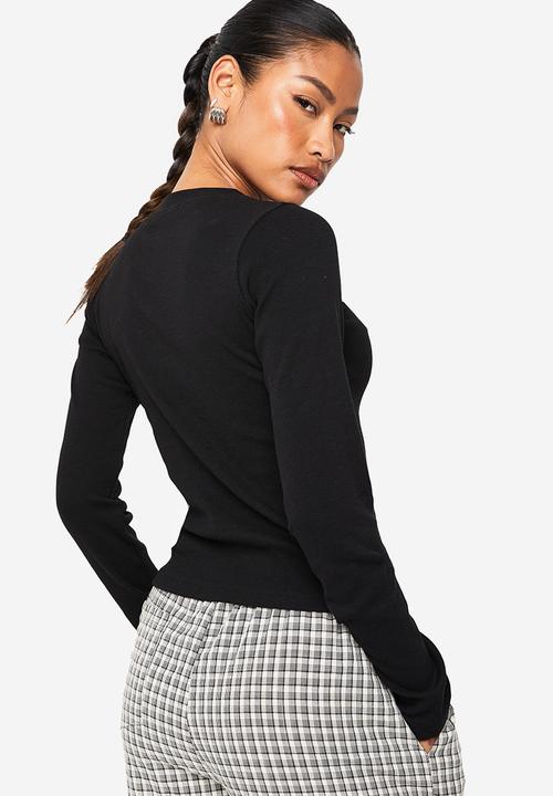 boohoo - Rib button through long sleeve top - black
