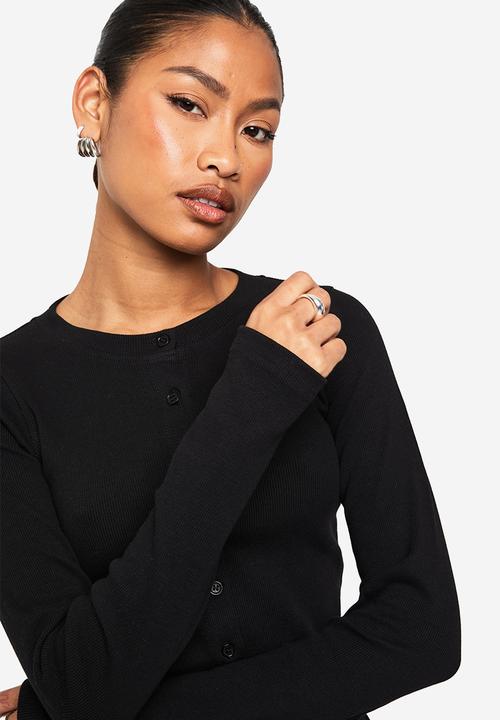 boohoo - Rib button through long sleeve top - black