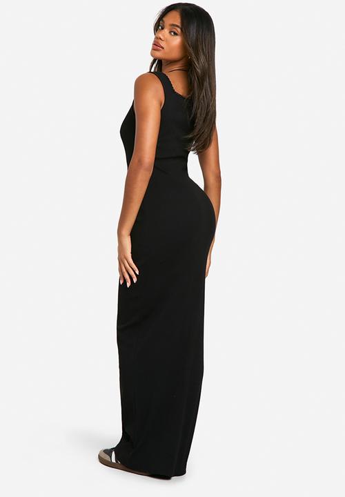 boohoo - Lace trim rib square neck maxi dress - black