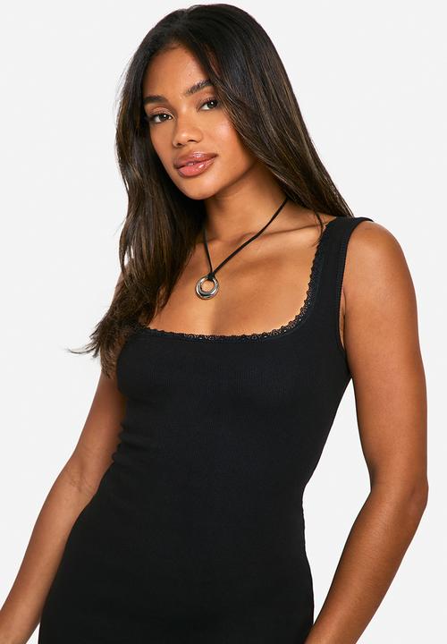 boohoo - Lace trim rib square neck maxi dress - black