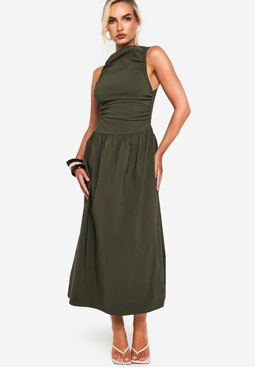 Ruched drop waist sleeveless midaxi dress - khaki