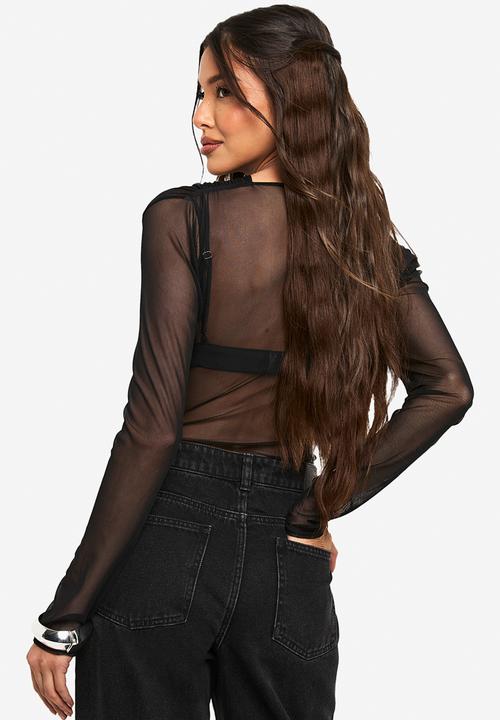 boohoo - Mesh cross over bodysuit - black