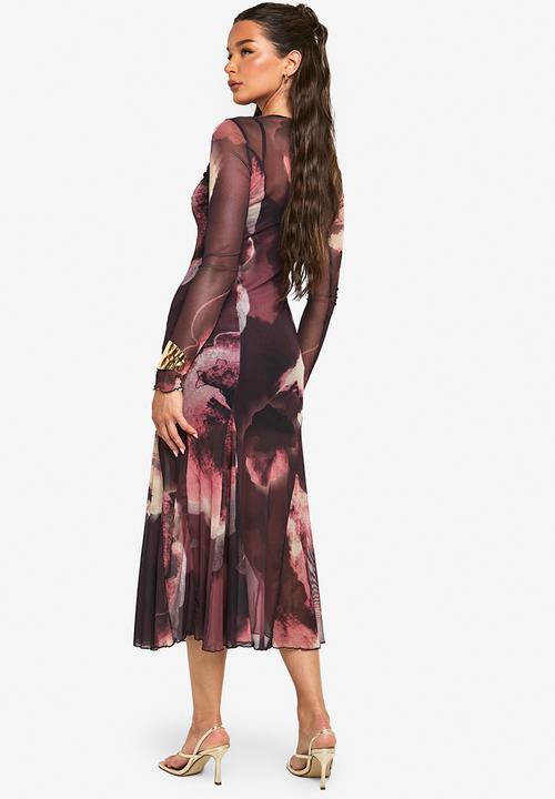 boohoo - Slash neck floral mesh print godet hem midaxi dress - plum