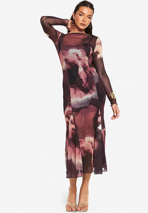 boohoo - Slash neck floral mesh print godet hem midaxi dress - plum