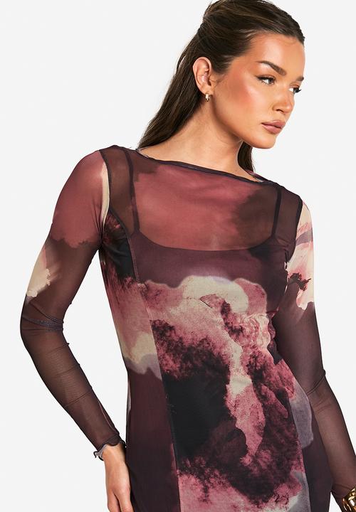 boohoo - Slash neck floral mesh print godet hem midaxi dress - plum