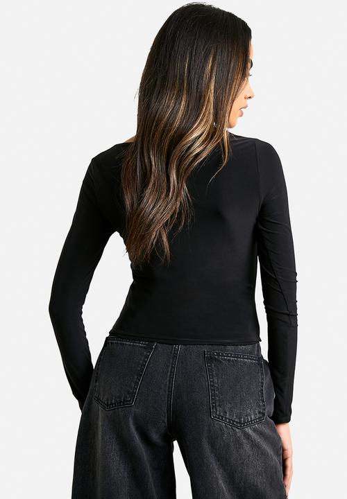 boohoo - Double layer slinky square neck long sleeve top - black
