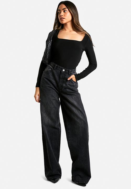 boohoo - Double layer slinky square neck long sleeve top - black