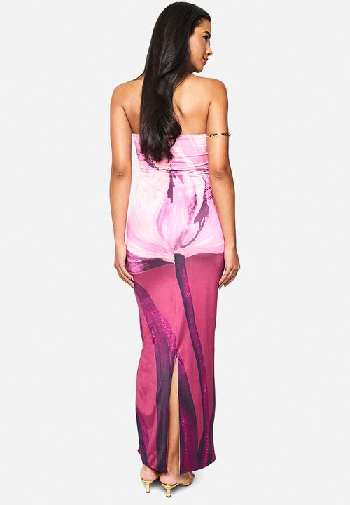 boohoo - Bandeau floral printed slinky maxi dress - burgundy