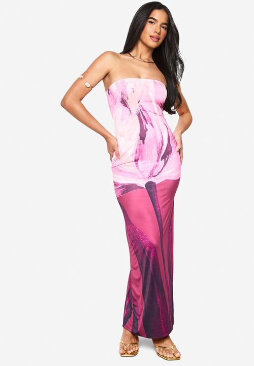 boohoo - Bandeau floral printed slinky maxi dress - burgundy