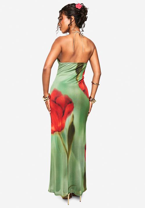 Mesh floral print cowl maxi dress - green