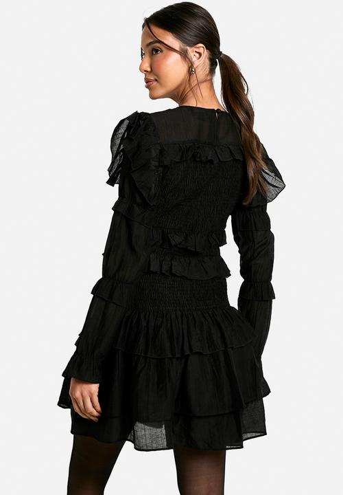 boohoo - Sheered long sleeve ruffle mini dress - black