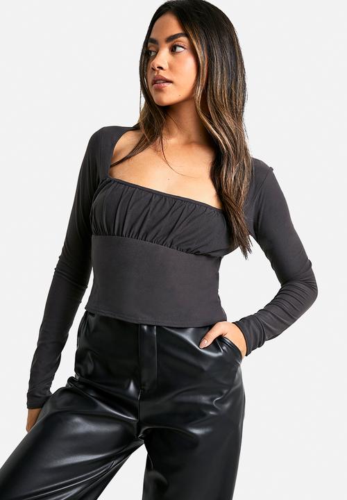 boohoo - Super soft ruched bust long sleeve top - charcoal