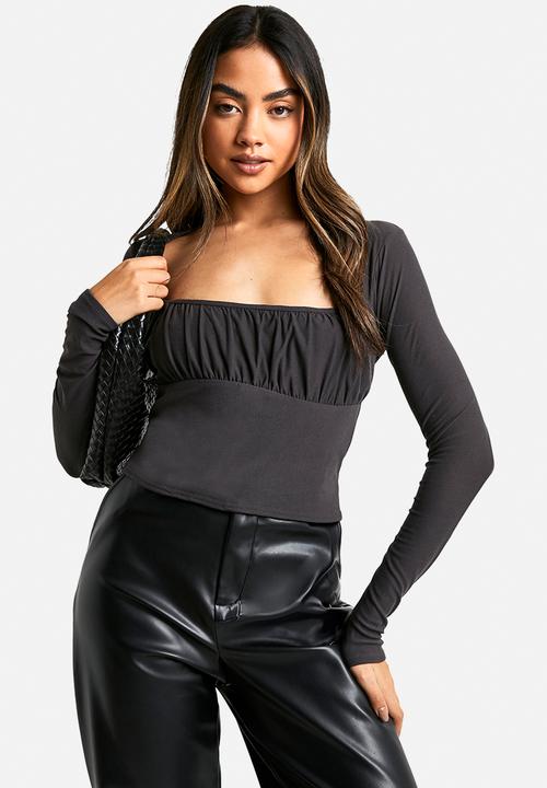 boohoo - Super soft ruched bust long sleeve top - charcoal