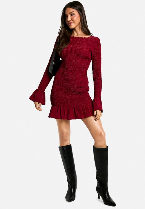 boohoo - Shirred long sleeve mini dress - burgundy