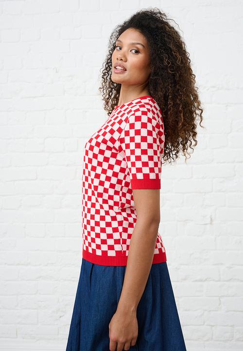Me&B - Knitwear Top in Check - Cherry Red