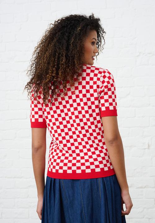 Me&B - Knitwear Top in Check - Cherry Red