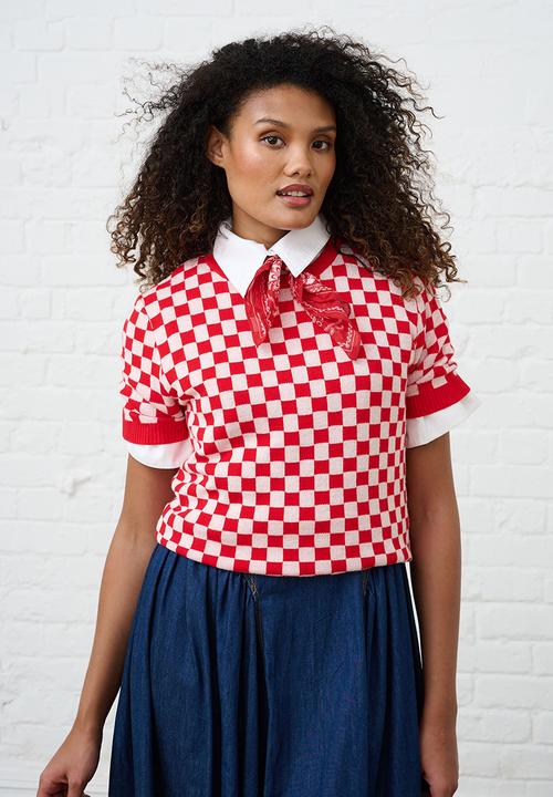 Me&B - Knitwear Top in Check - Cherry Red