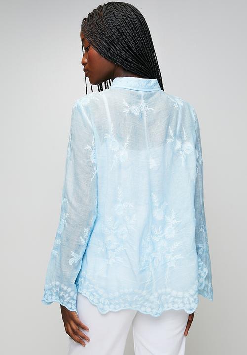 Stella Morgan - Long sleeve Embroidered Voile Blouse With Hem And Scallop - Pale Blue