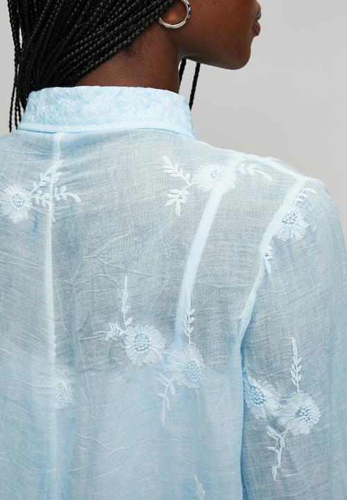 Stella Morgan - Long sleeve Embroidered Voile Blouse With Hem And Scallop - Pale Blue