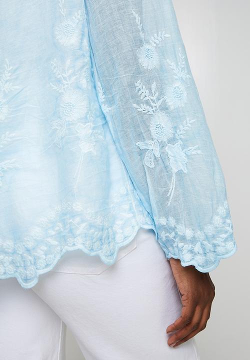 Stella Morgan - Long sleeve Embroidered Voile Blouse With Hem And Scallop - Pale Blue