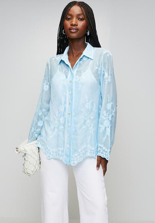 Stella Morgan - Long sleeve Embroidered Voile Blouse With Hem And Scallop - Pale Blue