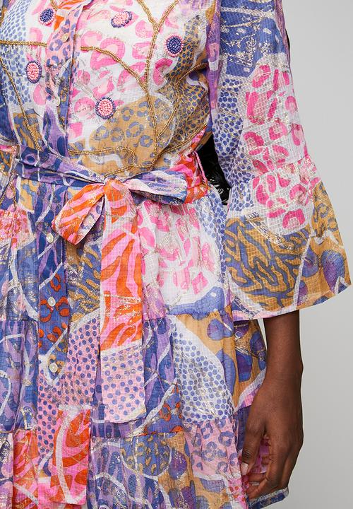 Stella Morgan - Half Sleeve With Flutter Button Through Hand Work Dress With Tie Belt - Multi