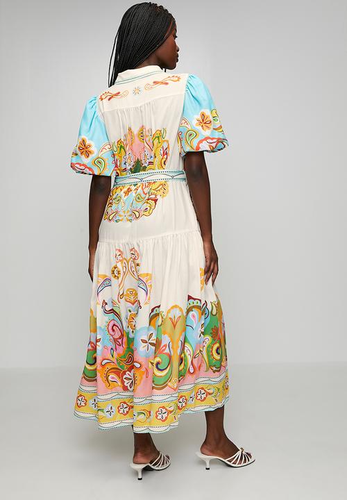 Stella Morgan - Puff Button Through With Collar Maxi Dress Border Print - Multi