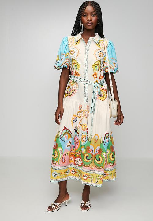 Stella Morgan - Puff Button Through With Collar Maxi Dress Border Print - Multi