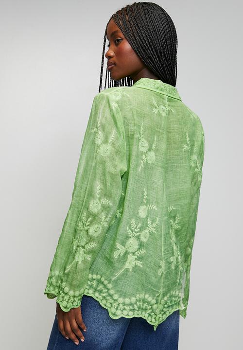 Stella Morgan - Long sleeve Embroidered Voile Blouse With Hem And Scallop - Khaki