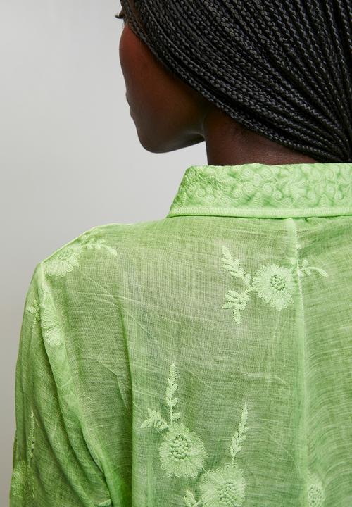 Stella Morgan - Long sleeve Embroidered Voile Blouse With Hem And Scallop - Khaki