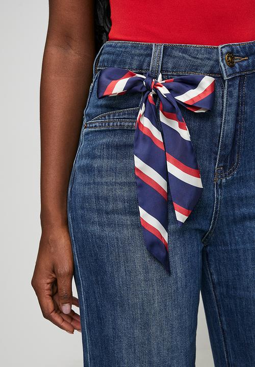 Stella Morgan - High Waisted Wide Leg Denim Jean With Kick Flare At Hem And Fabric For Bow - Dark Denim